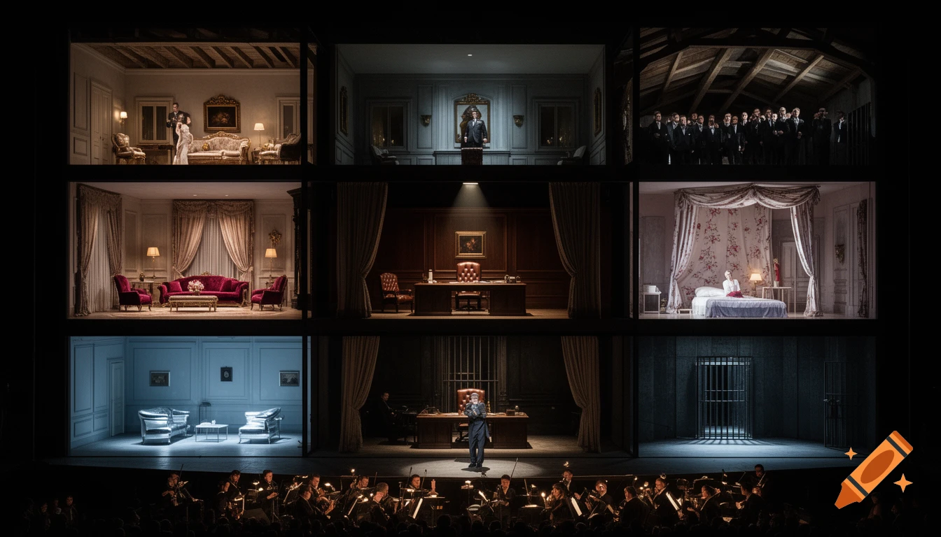 A multi-level, dark stage set for an opera, depicting mansion rooms like a living room, office, and bedroom, with an orchestra performing below.