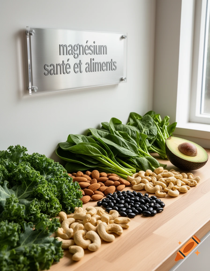 Healthy foods like kale, spinach, nuts, beans, and avocado on a wooden counter, with a sign reading 'magnesium health and food'.