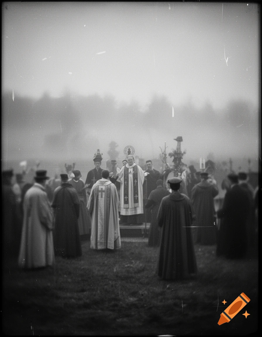 A black and white vintage photo shows a priest addressing a crowd in an outdoor religious ceremony amidst fog and film grain.