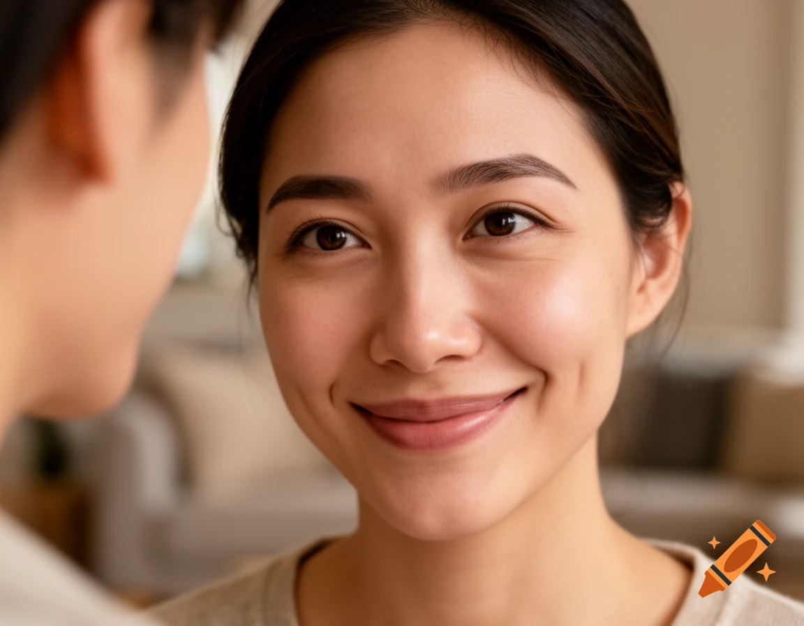 Close-up of a smiling Asian woman looking warmly at someone off-camera, with a blurred foreground and background.