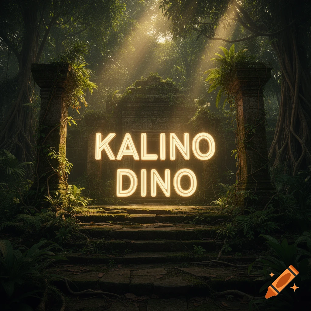 Glowing neon text 'KALINO DINO' in an ancient jungle ruin with sun rays filtering through trees.