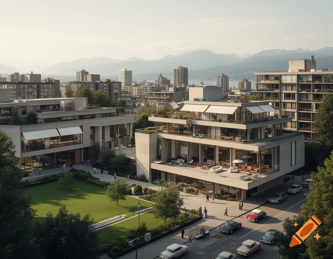 Aerial view of a mid-century modern architectural complex with green lawns, a street with vintage cars, and distant mountains in a city.