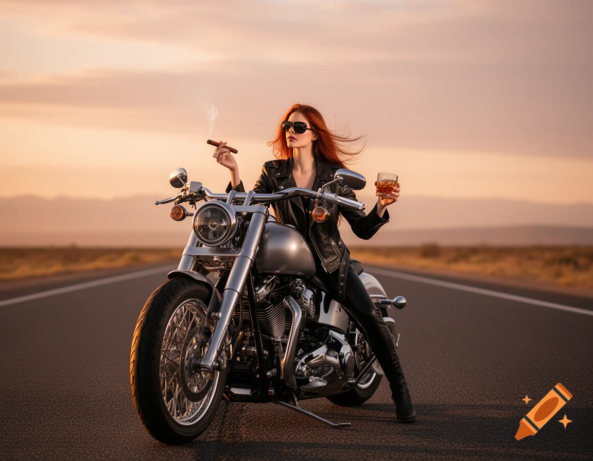 Red-haired woman in a leather jacket on a motorcycle, holding a cigar and whisky on a desert road at sunset.