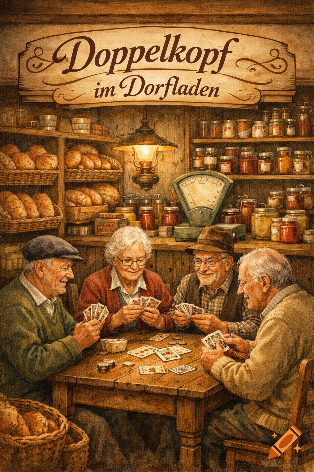 A detailed illustration of four elderly villagers playing Doppelkopf cards at a wooden table in a rustic village shop filled with bread and jars.