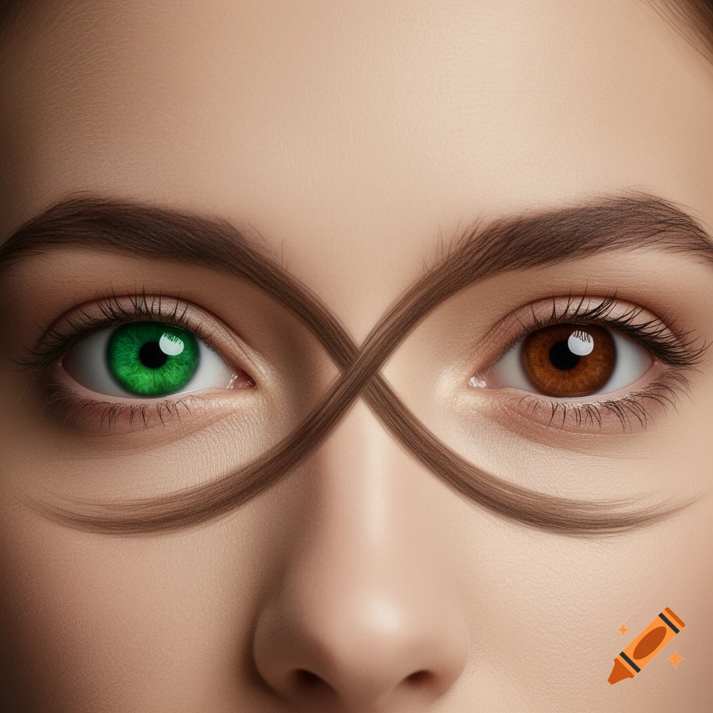 Close-up of a face with one green eye and one brown eye, connected by an infinity sign made of hair across the nose.