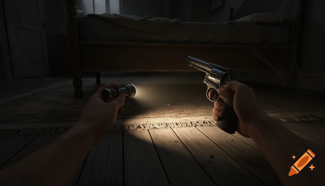 First-person view of hands holding a flashlight and an old revolver, pointing under a bed in a dimly lit room.