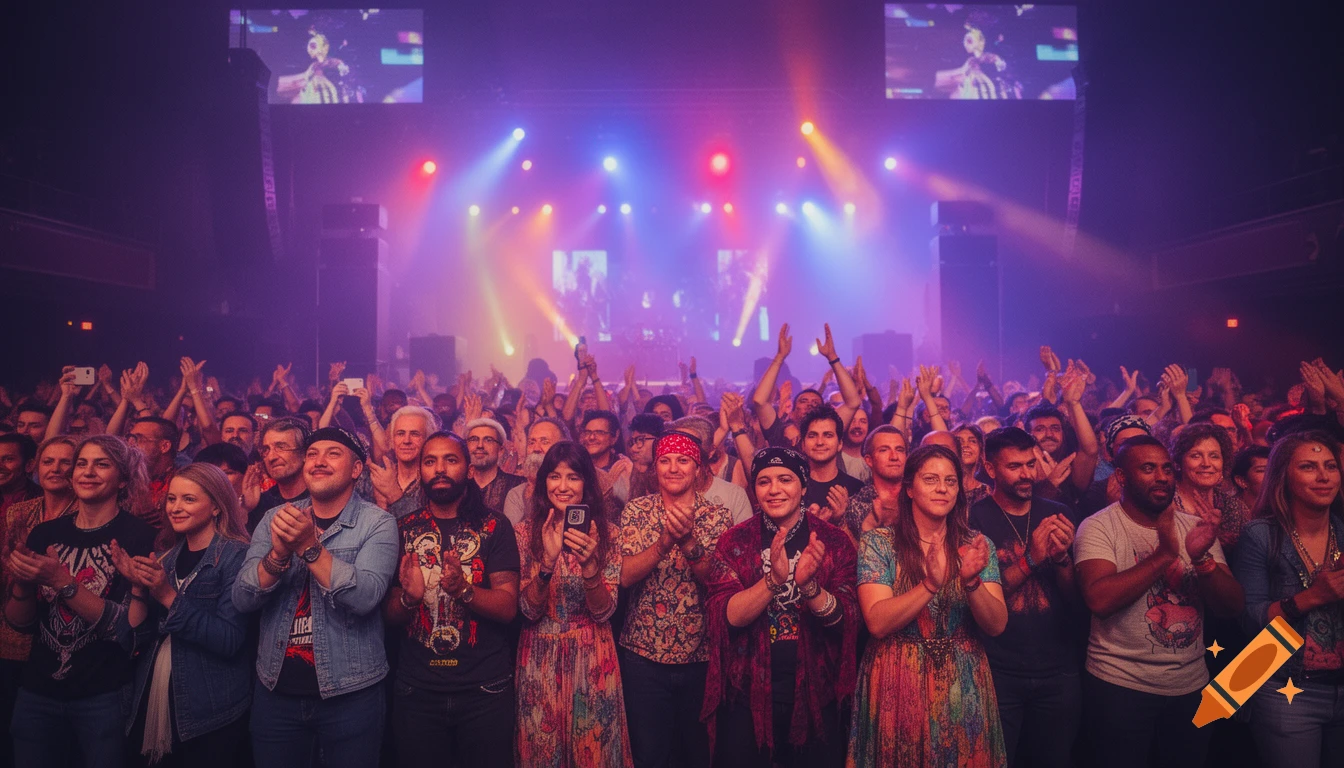 A large, diverse crowd of people clapping and cheering at a concert under vibrant stage lights.