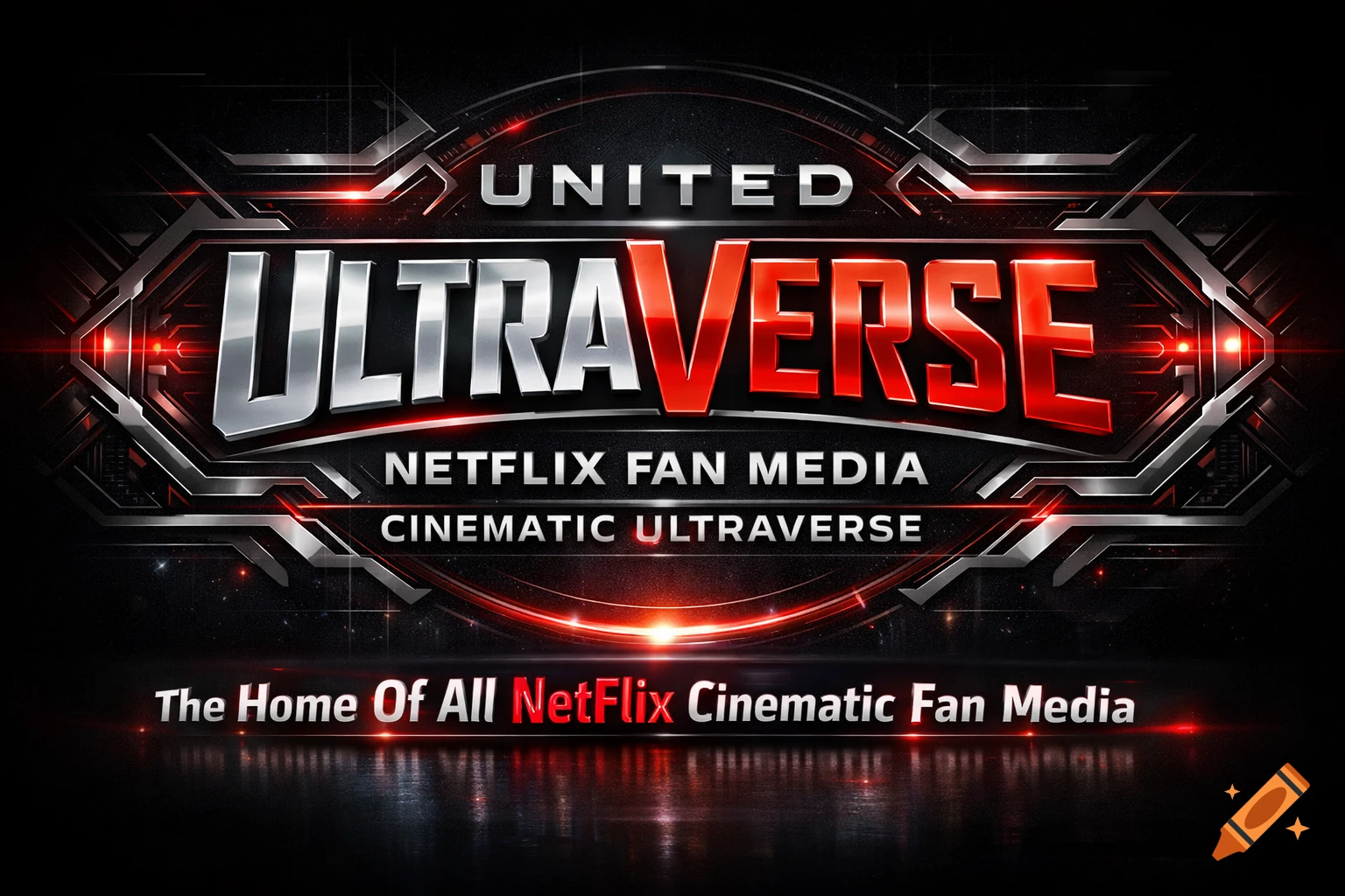 Futuristic logo for United Ultraverse Netflix Fan Media Cinematic Ultraverse with metallic and red glowing text.