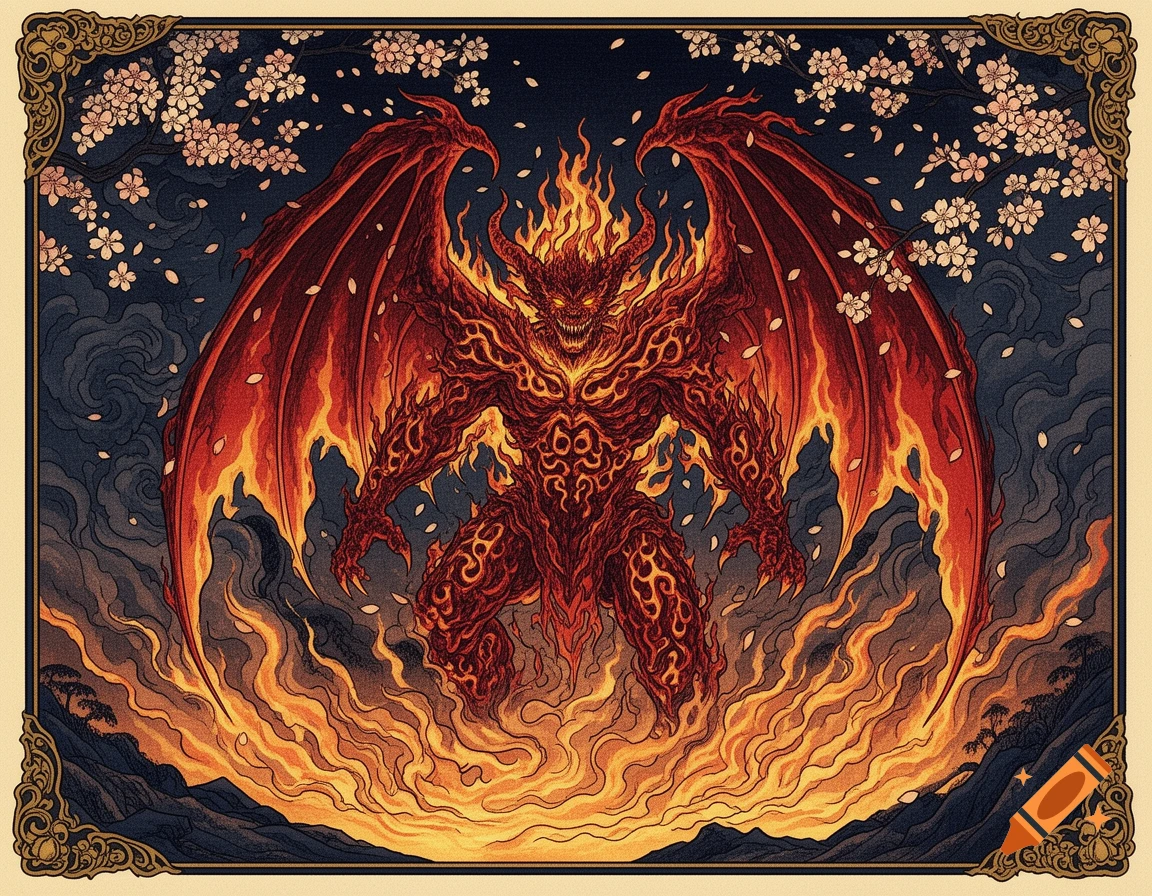 A red, fiery demon with large wings stands amidst flames, under cherry blossom branches, in traditional Japanese ukiyo-e style.