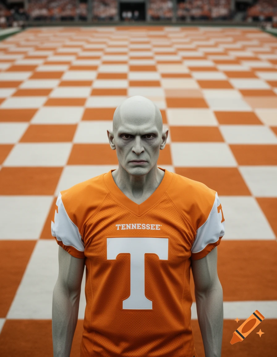 A pale, bald man resembling Lord Voldemort stands sternly in an orange University of Tennessee football jersey on an orange and white checkered field.