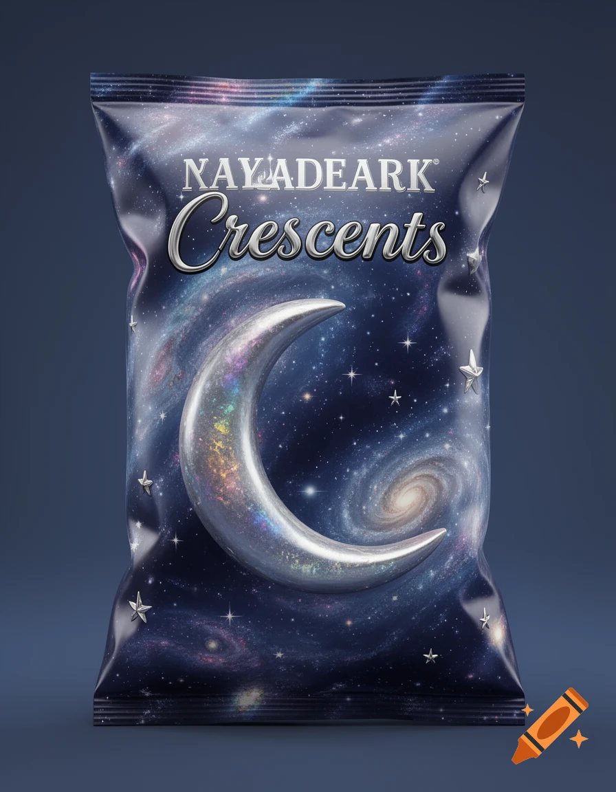 A photorealistic, space-themed snack bag with a large metallic crescent moon and text 'NAYADEARK Crescents'.