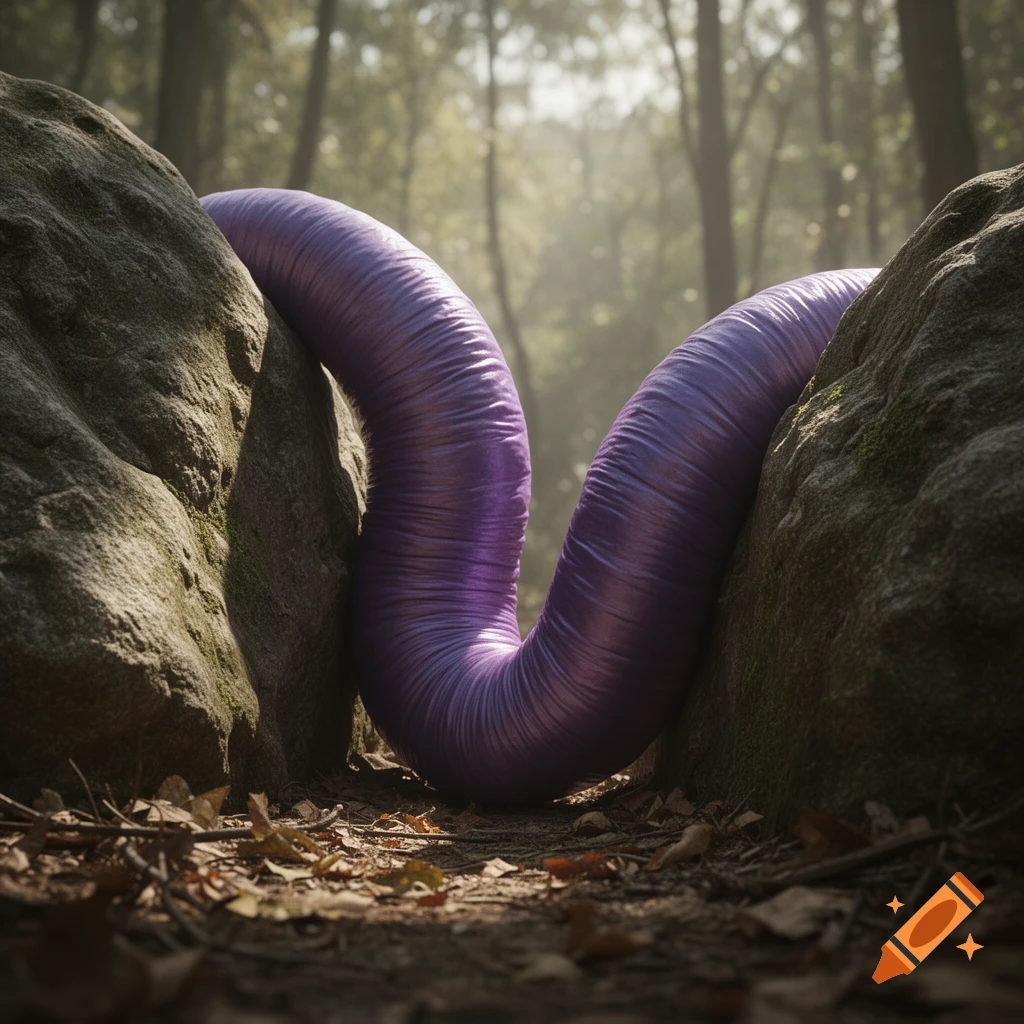 A vibrant purple corrugated tube, resembling a worm, winds between two large rocks on a sunlit forest floor.