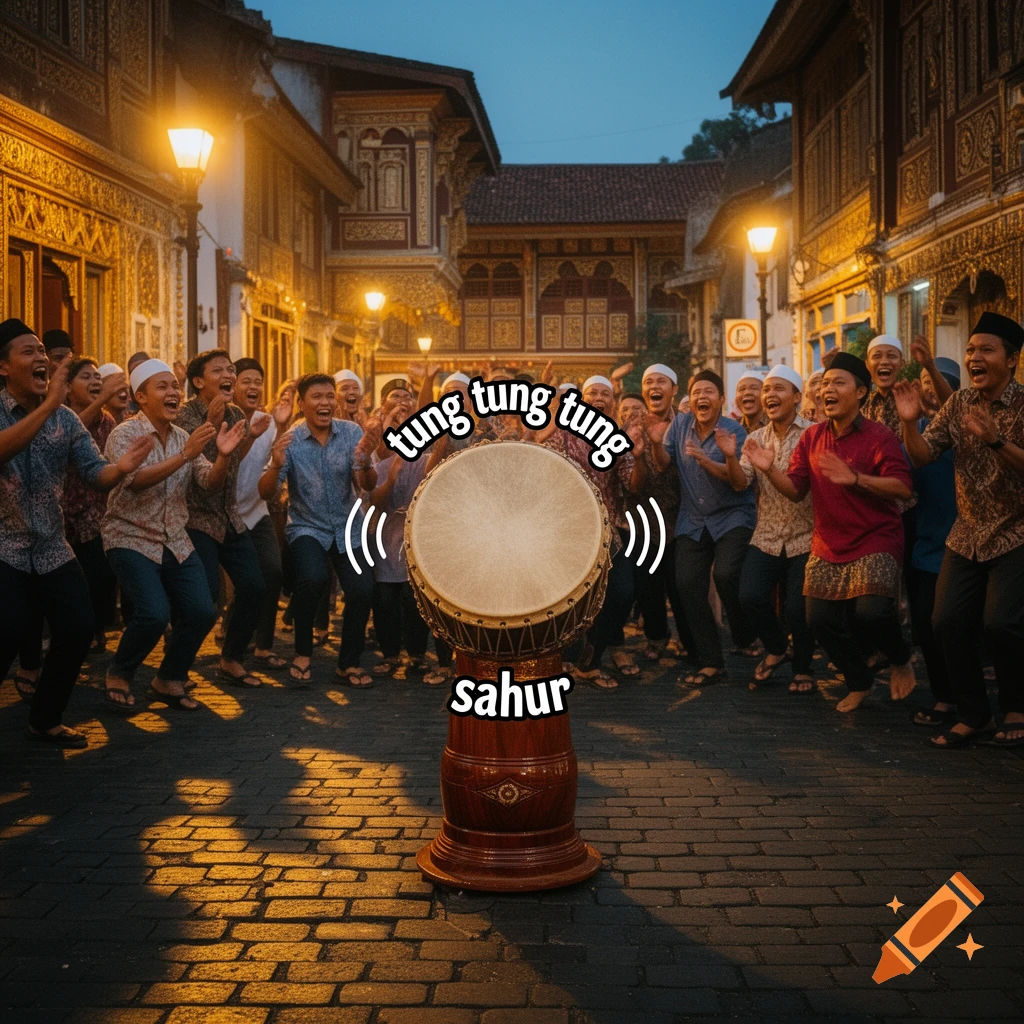 A joyous crowd of men cheering around a large drum on a street at dusk, with 'tung tung tung sahur' text overlaid.