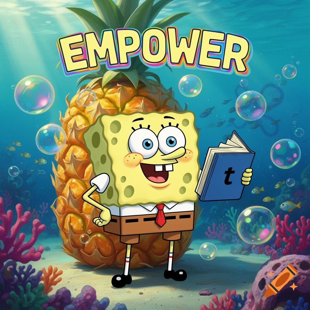 Spongebob Squarepants underwater next to a large pineapple, holding a book with a 't' on it, with 'EMPOWER' text above.