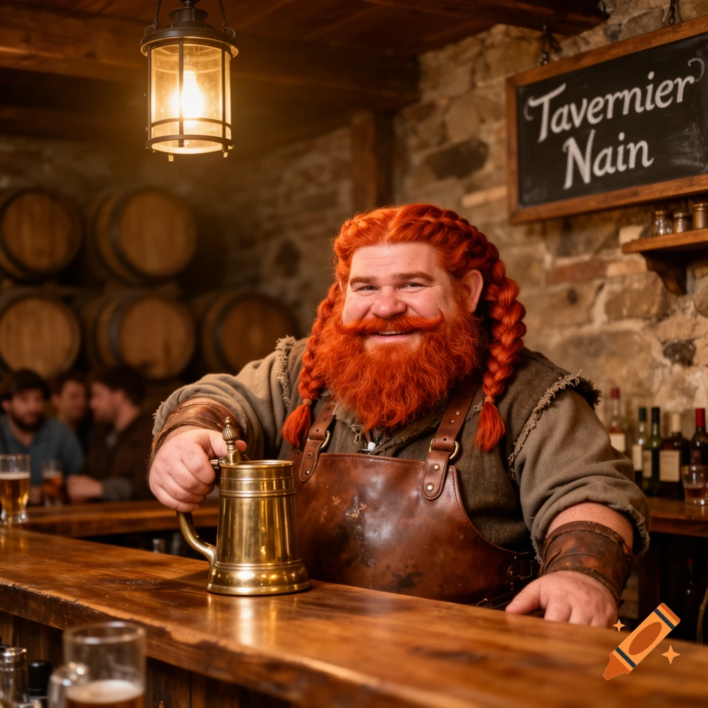 A smiling, red-bearded dwarf in a brown leather apron holds a brass mug behind a wooden bar in a bustling tavern.
