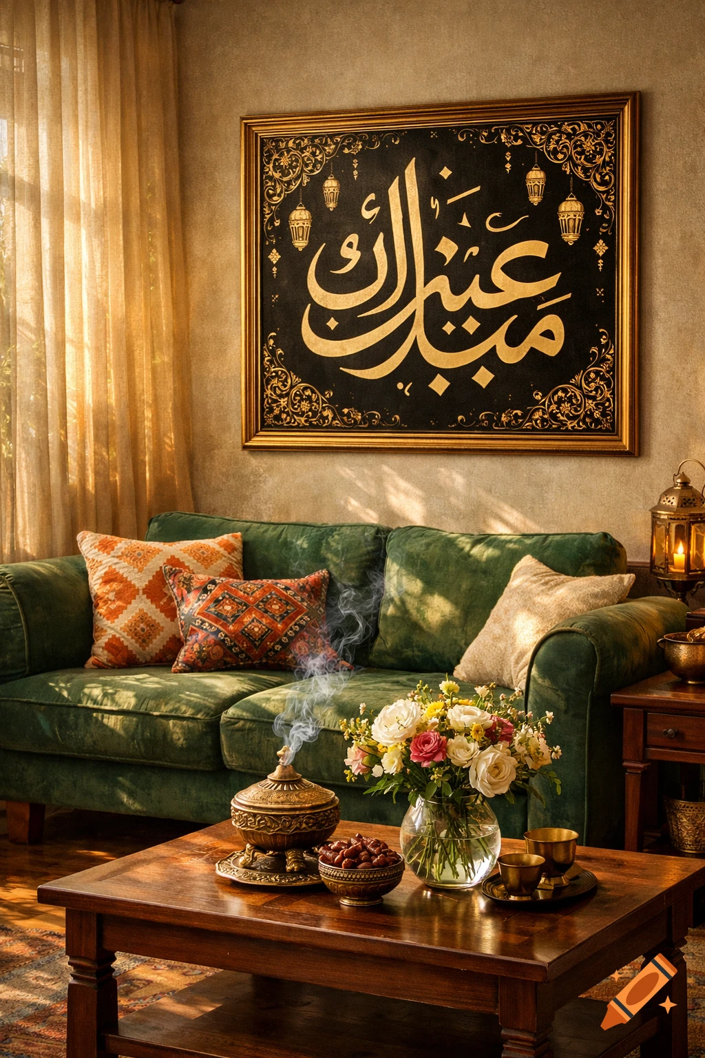 Cozy living room with green sofa, patterned cushions, a large framed gold Arabic calligraphy, flowers, dates, and incense on a wooden table.