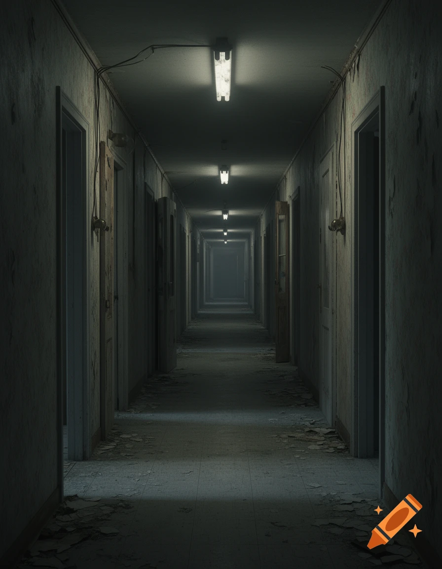A long, dark, and decaying hallway with peeling paint, debris, flickering fluorescent lights, and doors lining both sides, fading into the distance.