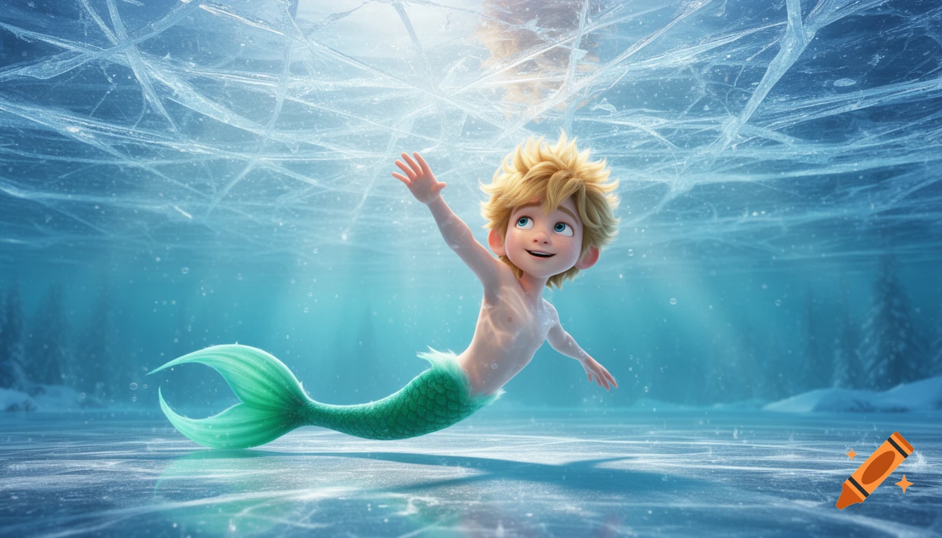 Cartoon merboy with blonde hair and a green tail swims under cracked ice in clear blue water, looking up.