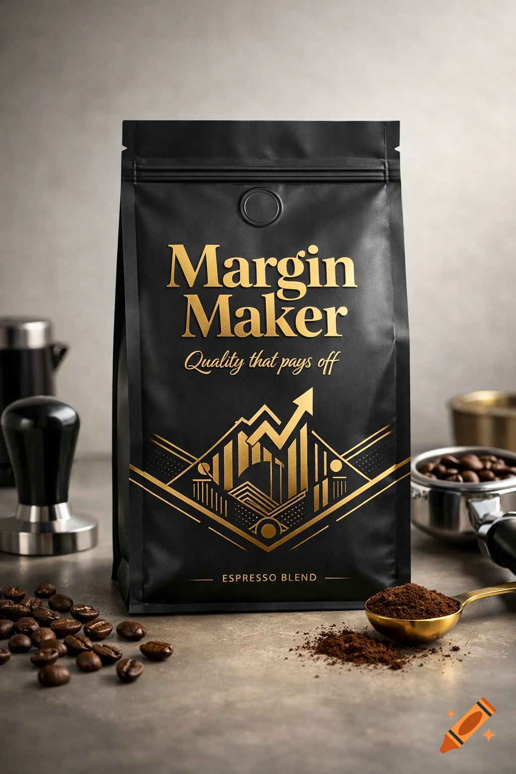 Photorealistic image of a matte black coffee bag with gold text for 'Margin Maker Espresso Blend', surrounded by coffee beans and brewing tools.