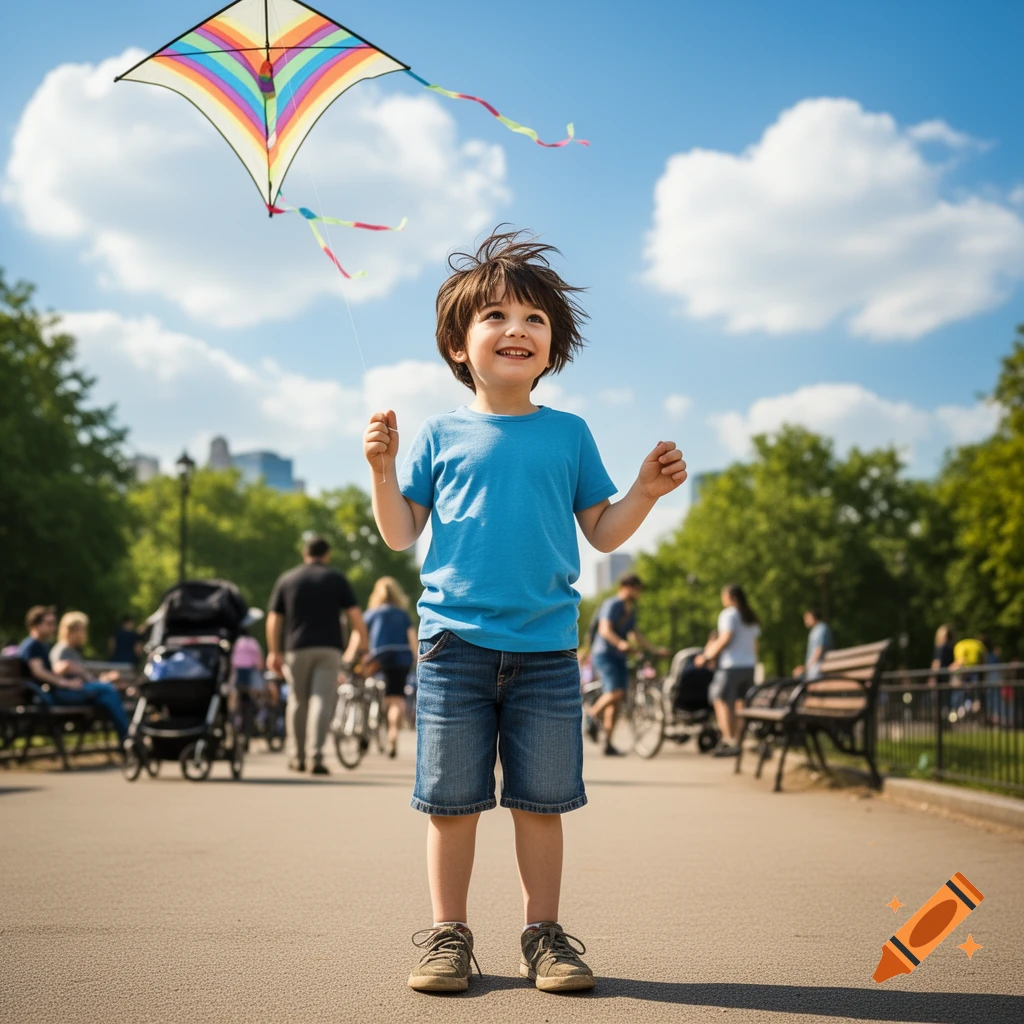 A young boy in a blue shirt and denim shorts stands in a sunny park, smiling up at a colorful rainbow kite he is flying.
