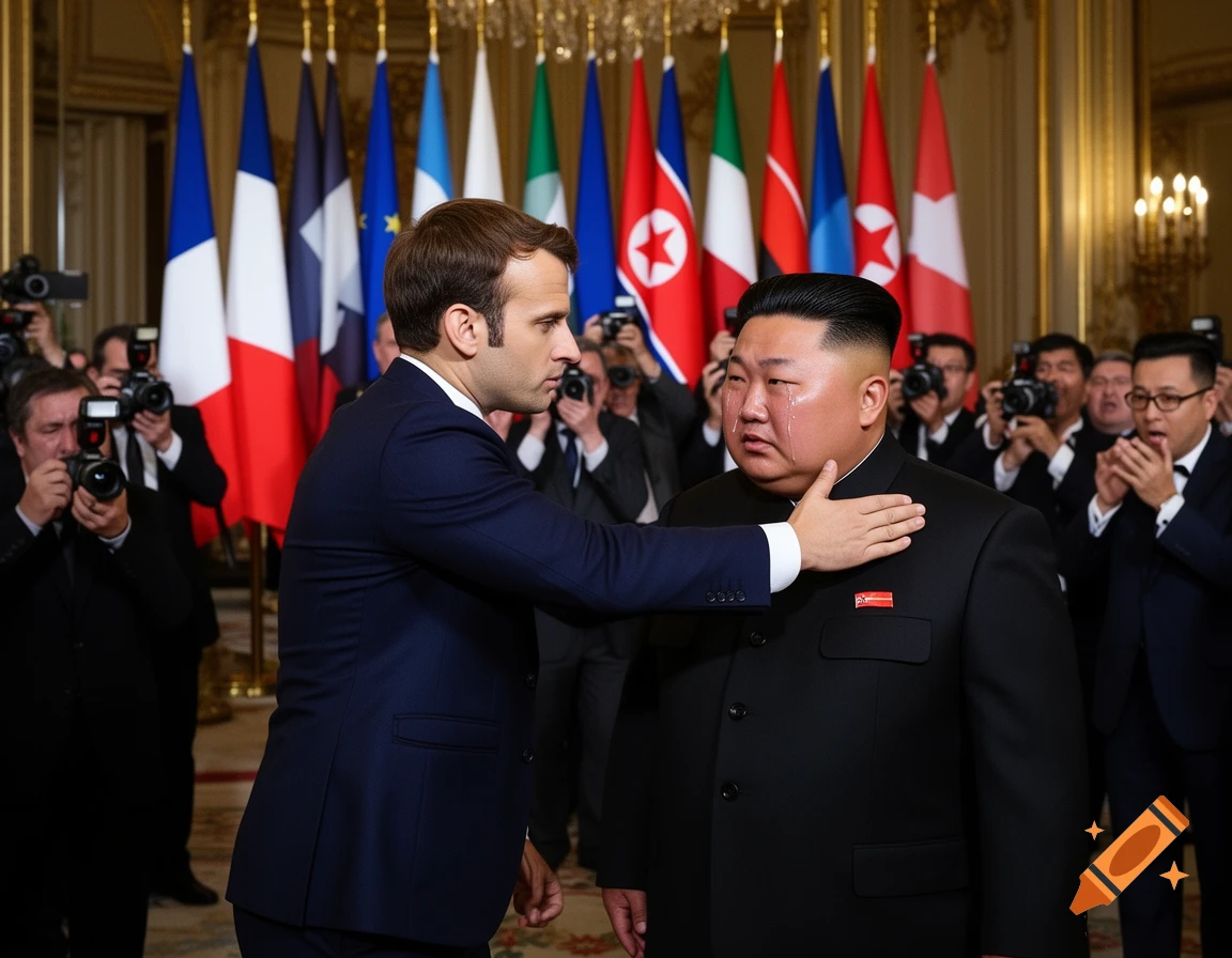 Emmanuel Macron places a hand on the chest of a crying Kim Jong Un, surrounded by flags and photographers in a formal room.