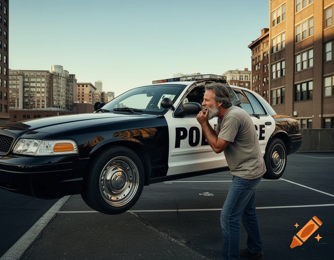 A bearded man appears to be eating the side of a floating police car in an urban outdoor parking lot.