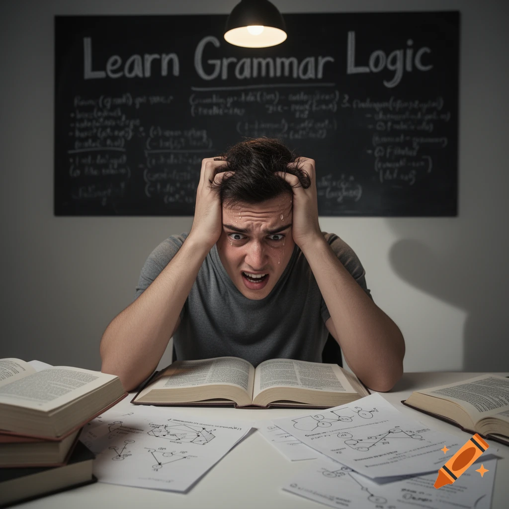 A distressed student with hands clutched to his head, surrounded by books and papers, with 'Learn Grammar Logic' written on a blackboard.