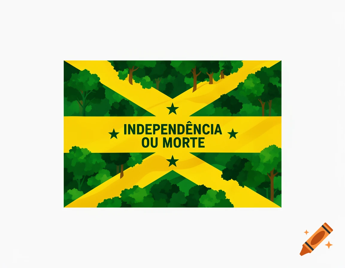 Stylized illustration of a Brazilian flag with a yellow cross design over green trees, featuring the text 'INDEPEND NCIA OU MORTE' and four stars on the yellow bands.