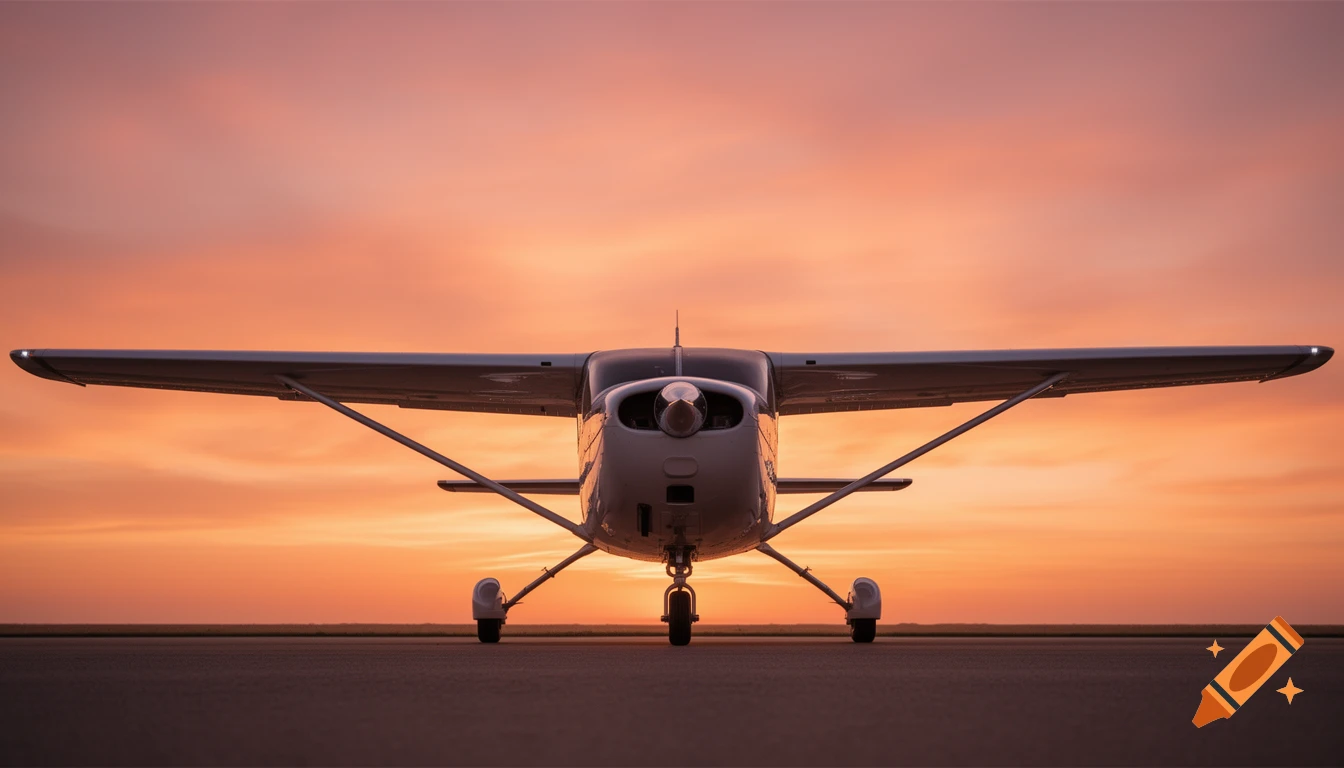 Front-on view of a white Piper Cherokee light aircraft on an airfield, silhouetted against a dramatic orange and pink sunset sky.