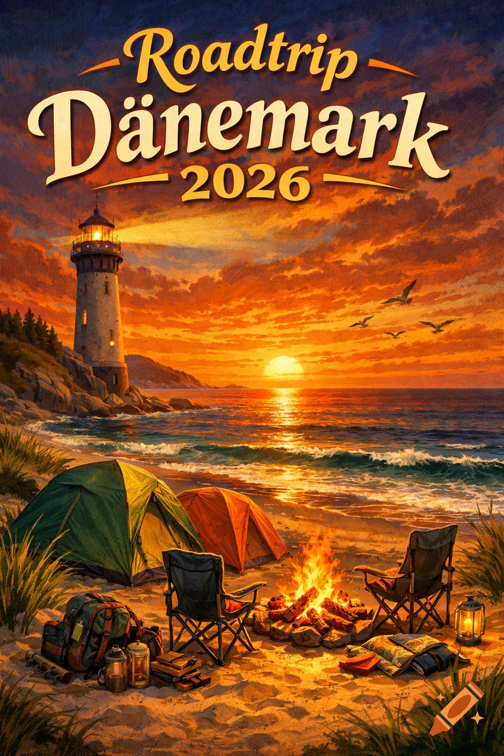 Adventure book illustration of a sunset beach camping scene with tents, campfire, and a lighthouse. Text: Roadtrip Dänemark 2026.