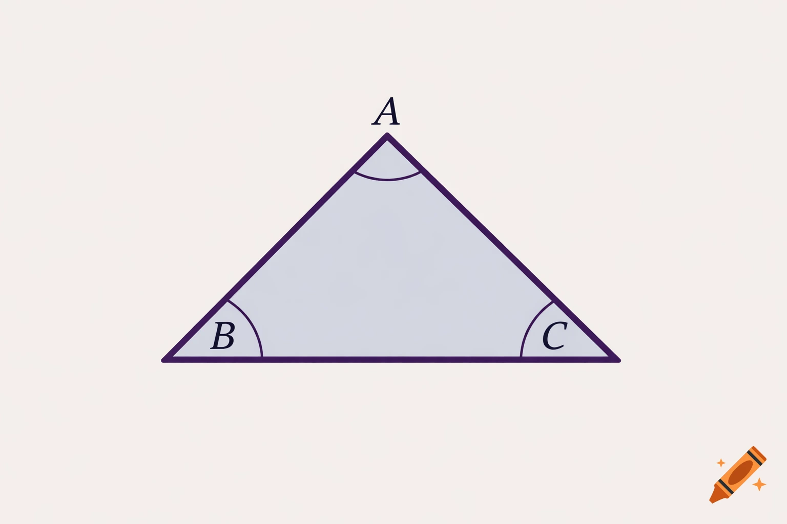A light gray triangle with thick dark purple outlines, with angles marked by arcs and labeled A, B, and C.