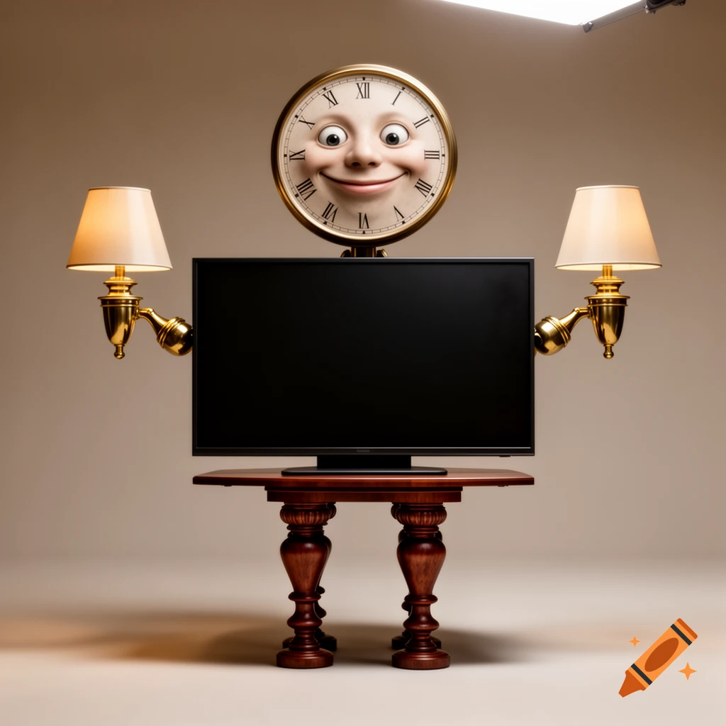 A surreal anthropomorphic figure composed of a smiling clock face, a black TV body, lamps for arms, and wooden table legs, on a plain background.