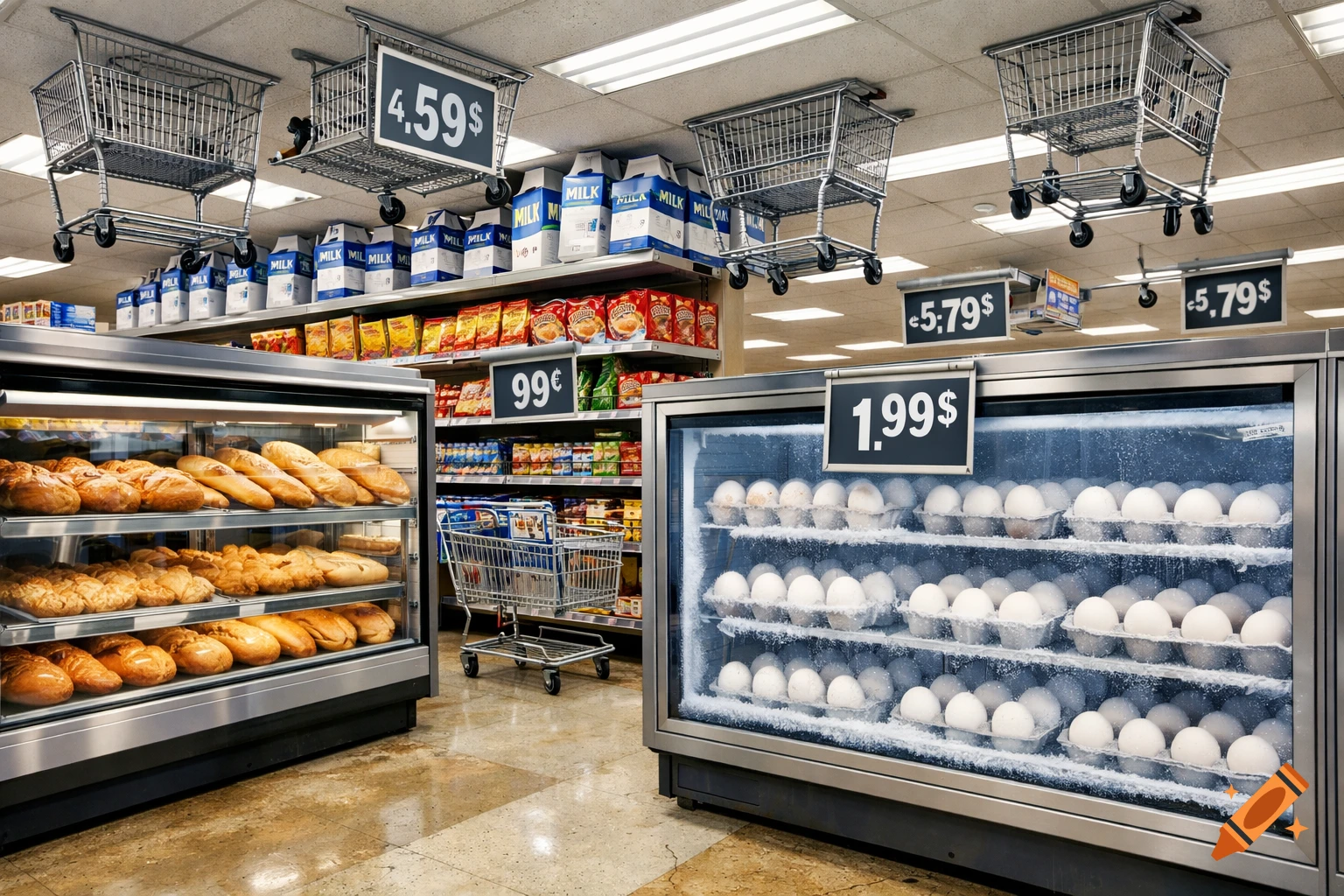 A surreal supermarket interior with bread in a fridge, eggs in a freezer, and milk cartons on high shelves. Shopping carts float on the ceiling, and price tags display various amounts, all in a bright, photorealistic style.