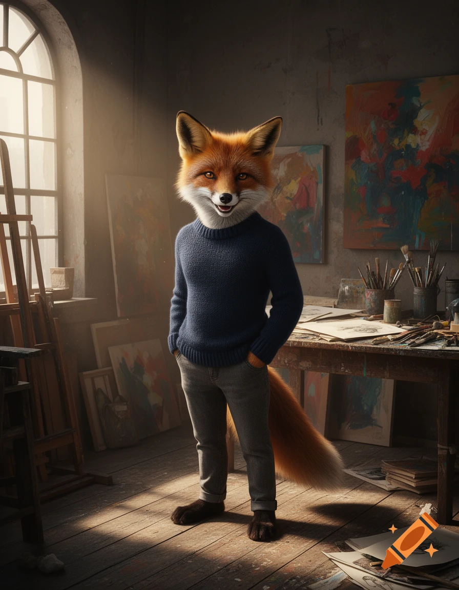 An anthropomorphic fox wearing a blue sweater and grey pants stands in a sunlit art studio filled with paintings and art supplies.