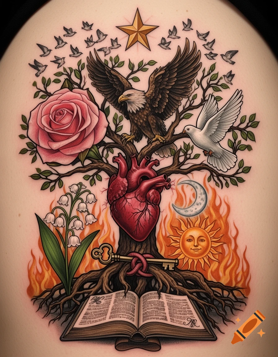 Colorful tattoo design of a tree of life with an anatomical heart, an eagle, a dove, a rose, lilies, birds, a key, a star, a sun, a moon, and an open book, all amidst flames.