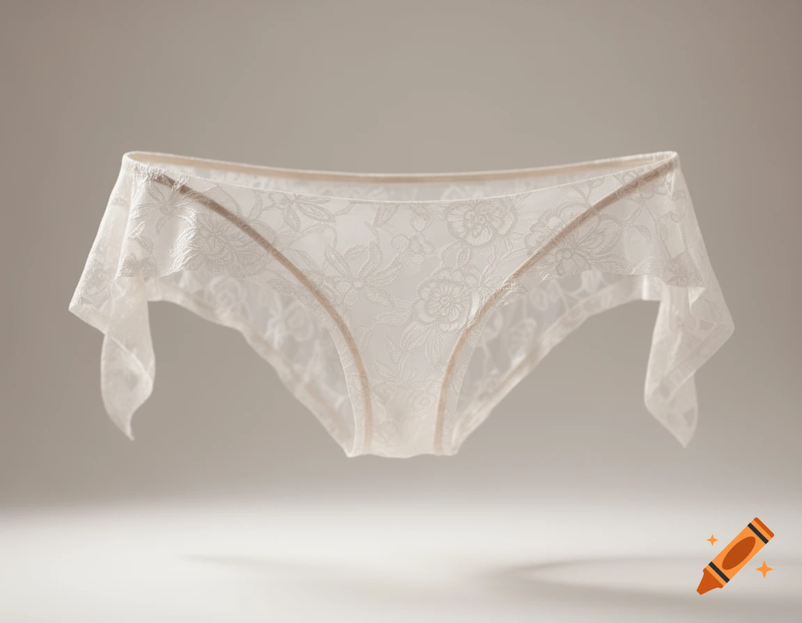 White lace transparent women's underwear, or tanga, floating against a light studio background.