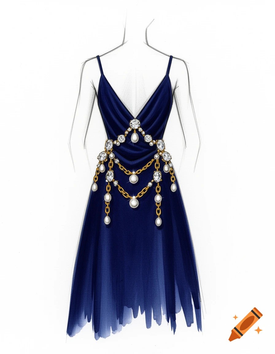 Fashion sketch of a backless navy blue dress with ornate gold chains, pearls, and diamonds cascading down the back.