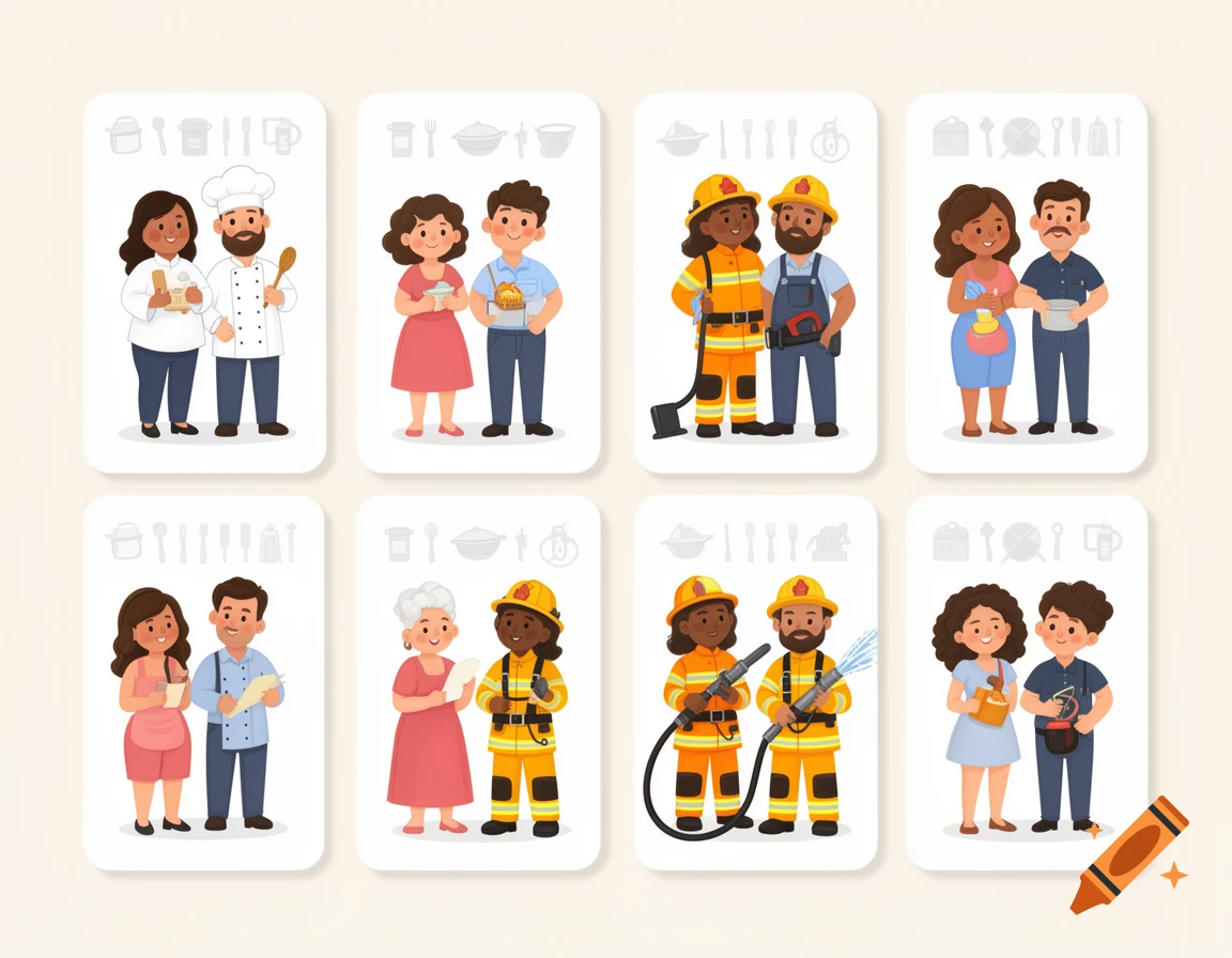 Cartoon memory game with 8 pairs of diverse people: chefs, bakers, and firefighters.