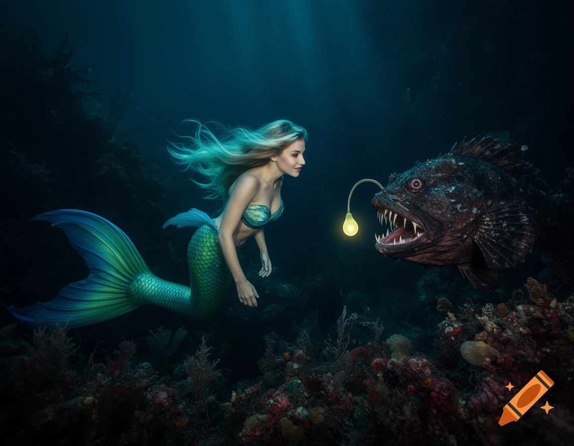 Photorealistic mermaid with a green and blue tail swimming towards a giant anglerfish with a glowing lure in a dark underwater scene.