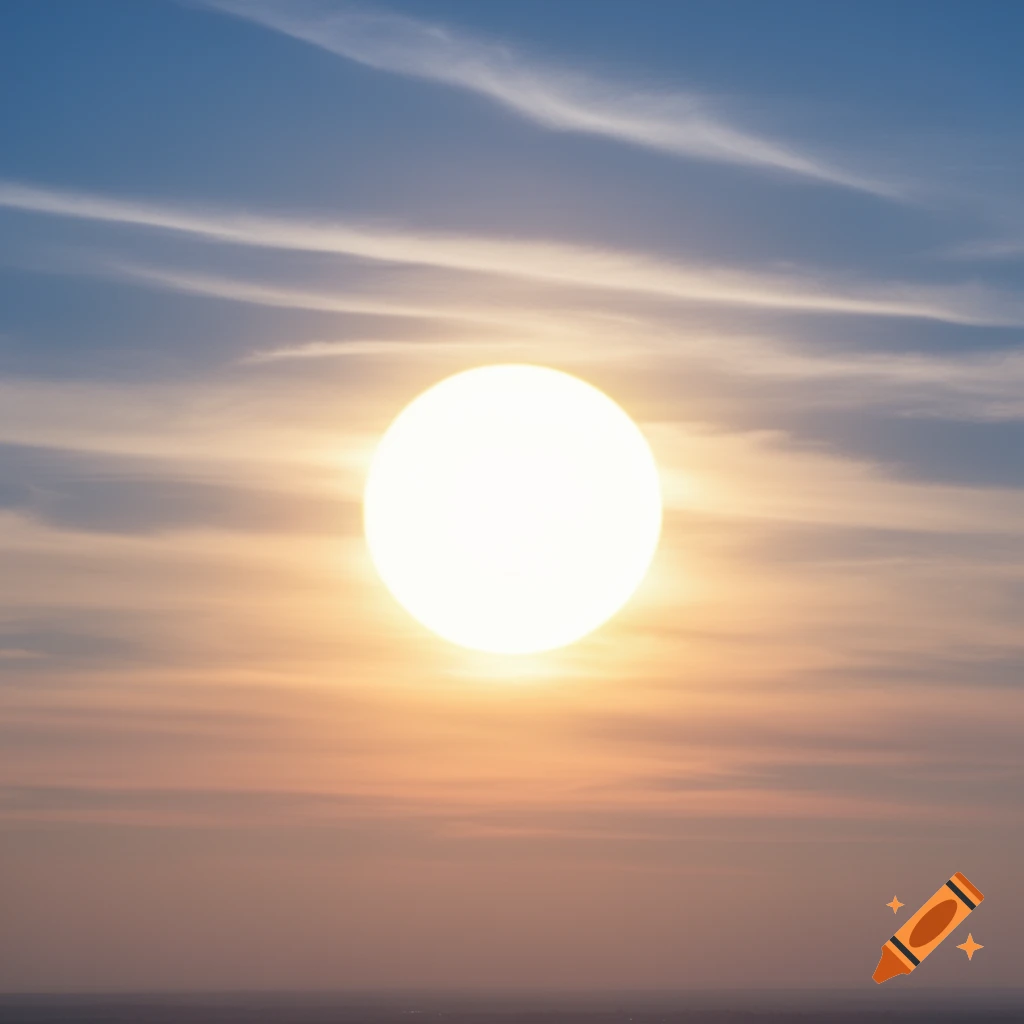A bright white sun centered in a sky with soft orange, yellow, and blue clouds at sunset or sunrise.