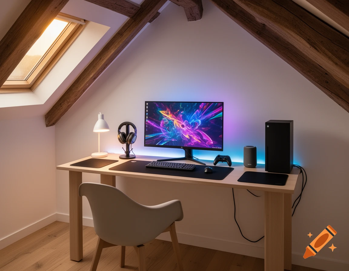 A modern gaming desk setup in an attic room with a skylight, featuring a monitor with colorful wallpaper, console, and LED lights.