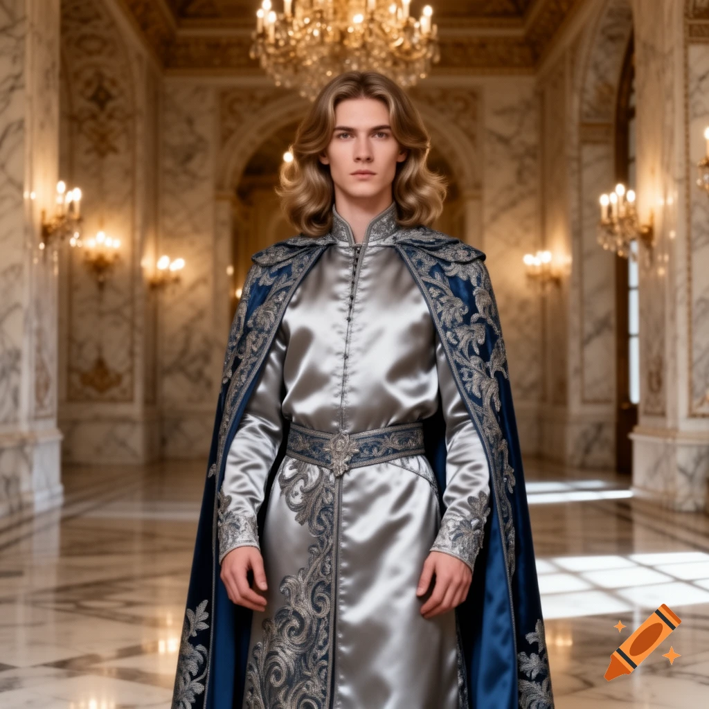 An androgynous prince in a silver tunic and an embroidered blue cape stands in a grand, opulent hall.