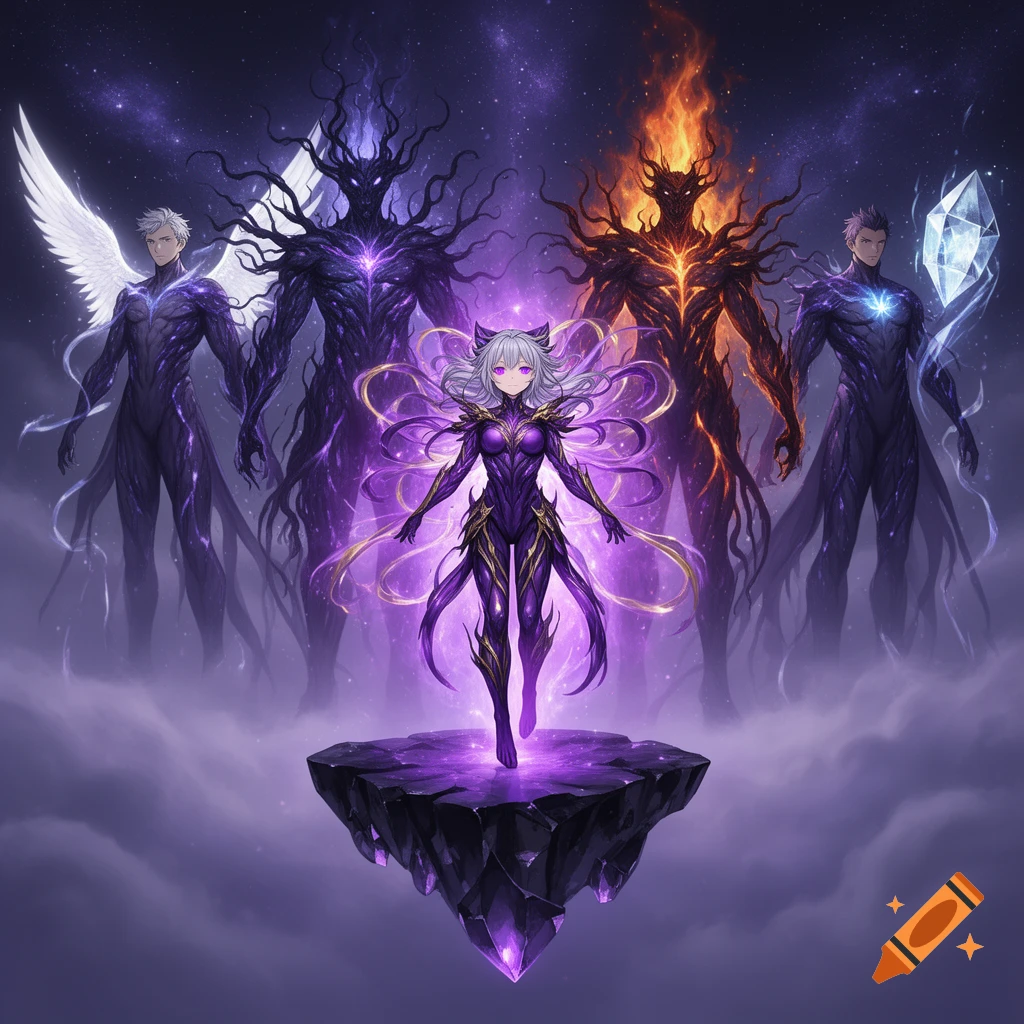 A central anime goddess with silver hair and purple armor stands on a floating crystal platform, surrounded by four colossal elemental gods.