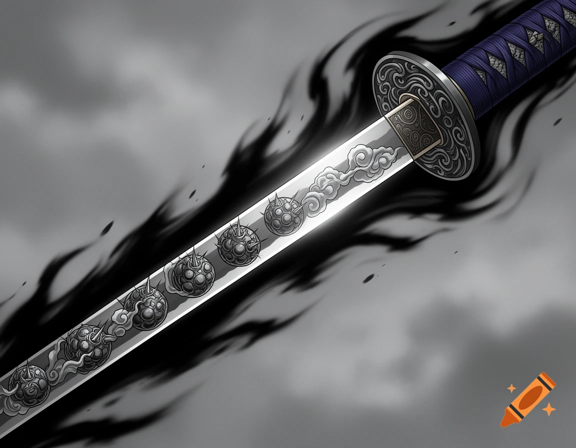 Manga style katana with a dark black aura, purple hilt, and silver blade engraved with cloud and bomb patterns.