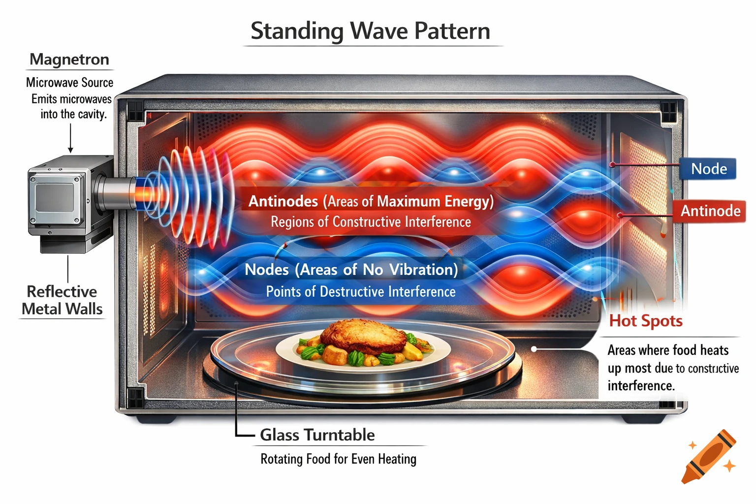 A detailed diagram illustrating the standing wave pattern inside a microwave oven, showing nodes, antinodes, and heating.