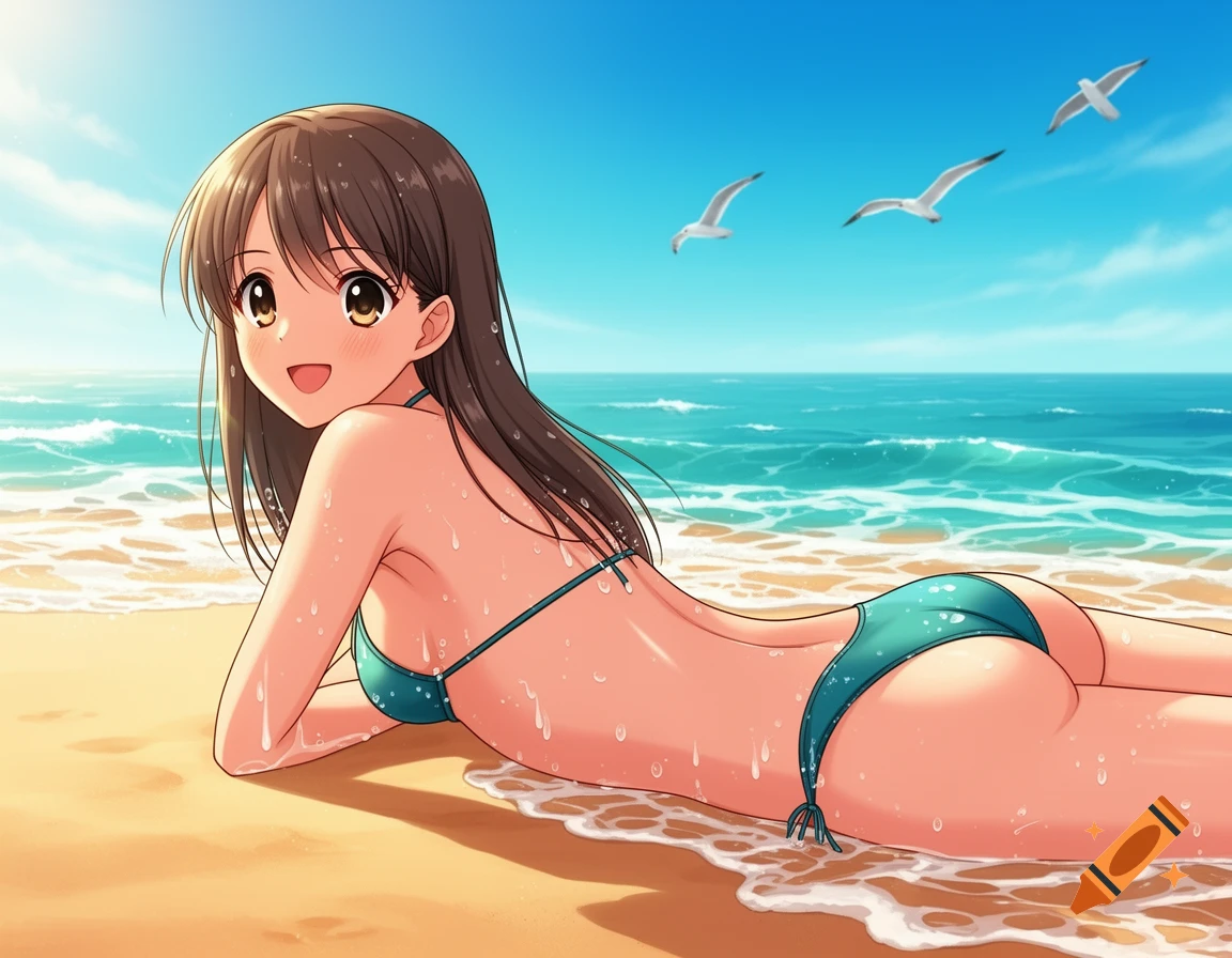 Anime woman in a teal bikini lies on her stomach on a sandy beach, smiling at the viewer, with ocean waves and seagulls in the background.