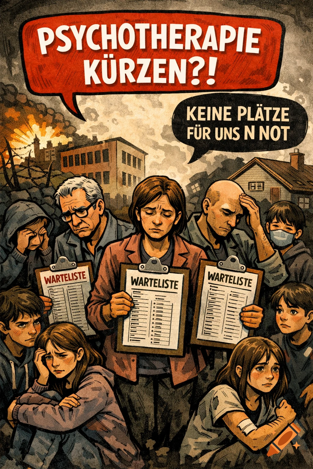 A comic-style illustration of distressed people holding clipboards that say 'WAITING LIST' while speech bubbles above read 'CUT PSYCHOTHERAPY?!' and 'NO PLACES FOR US IN NEED'.