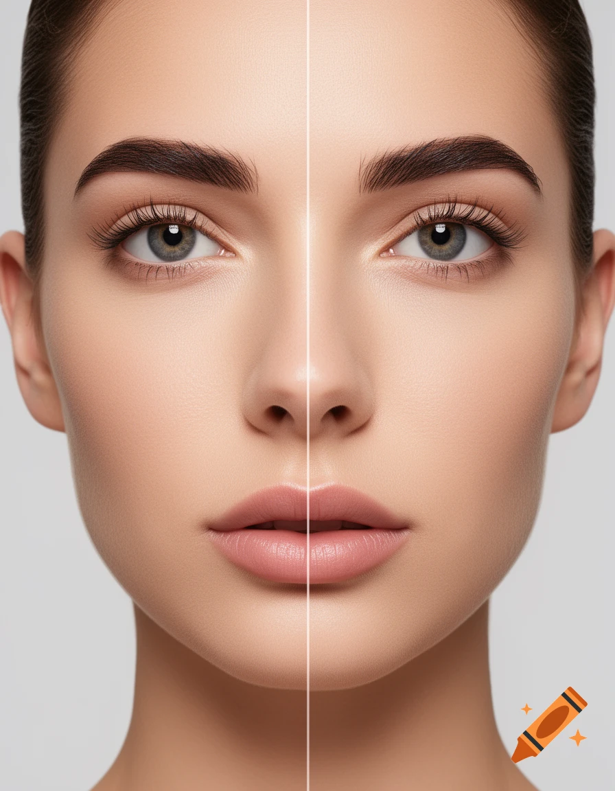 Close-up, split image of a woman's perfectly symmetrical face, highlighting balanced features and smooth skin.