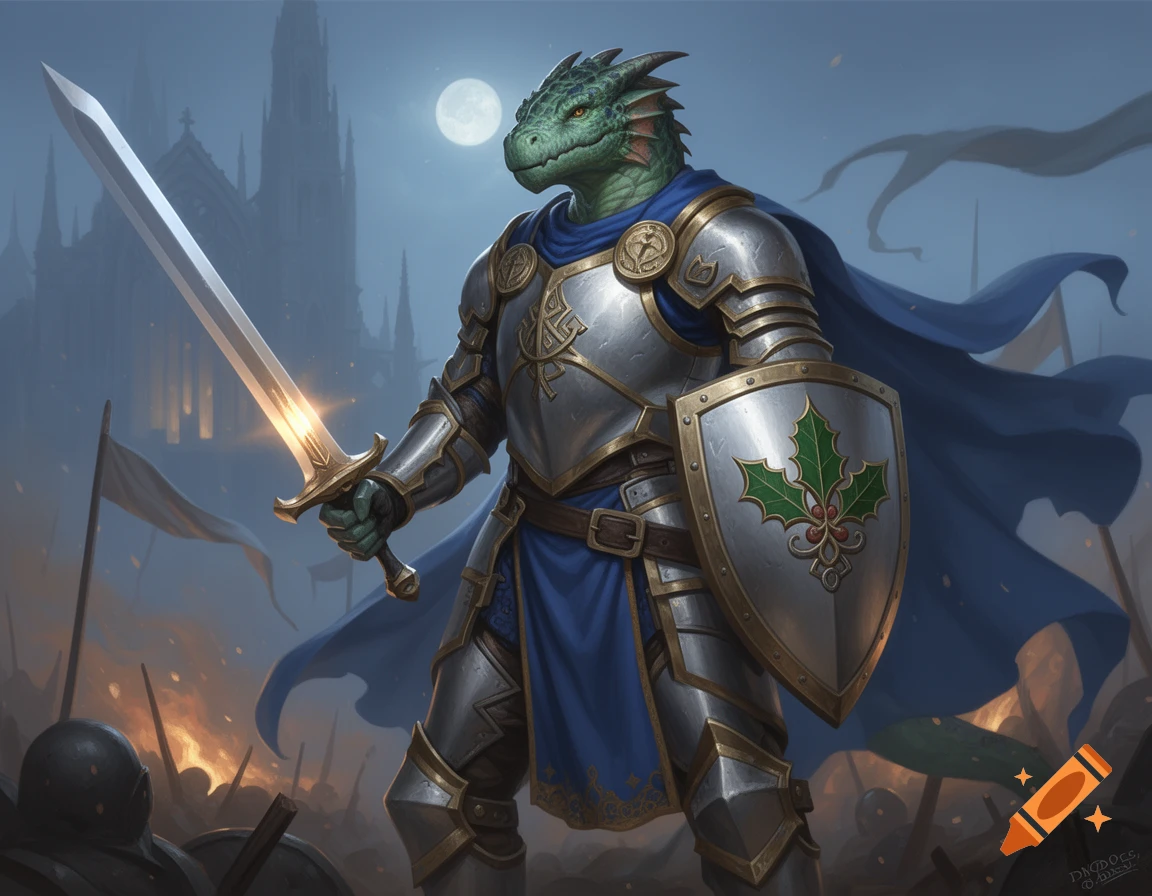 A dragonborn paladin in silver and gold armor with a blue cape stands on a battlefield, holding a glowing sword and holly shield, digital art.