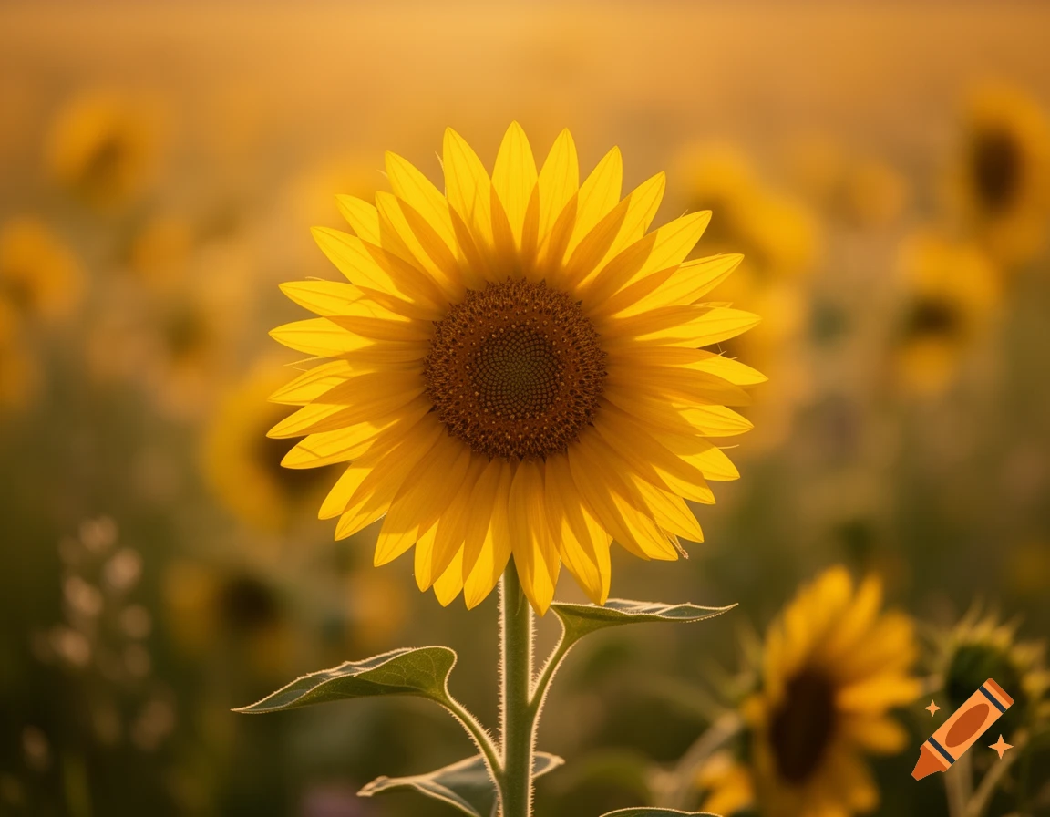 Close-up of a vibrant yellow sunflower in full bloom, set against a soft bokeh of a golden field in warm golden hour light.